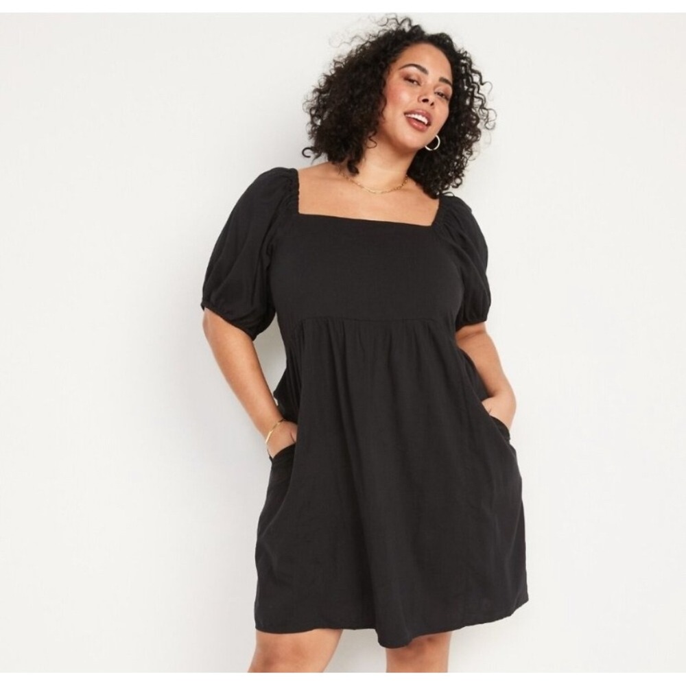 Old Navy NWT Women's L Black Seersucker Puff Sleeve Smocked Mini Dress Babydoll